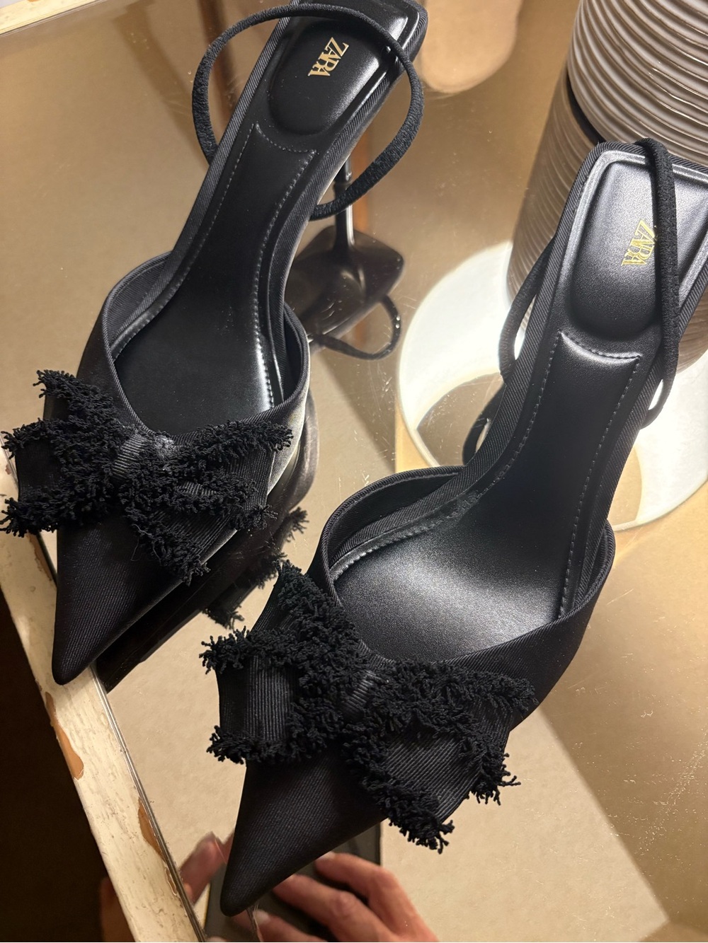 Zara Black Pointed Slingback Heels with Frayed Bow Detail